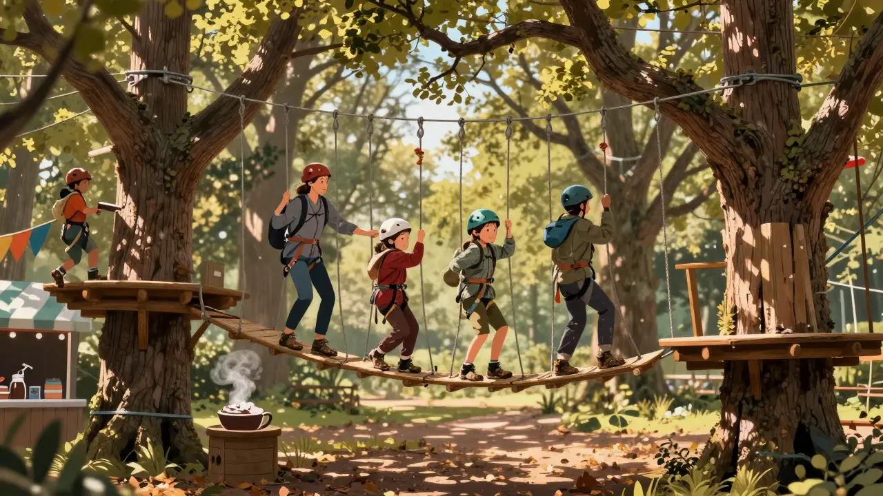 Children climbing a treetop ropes course in Trent Park surrounded by ancient oaks.