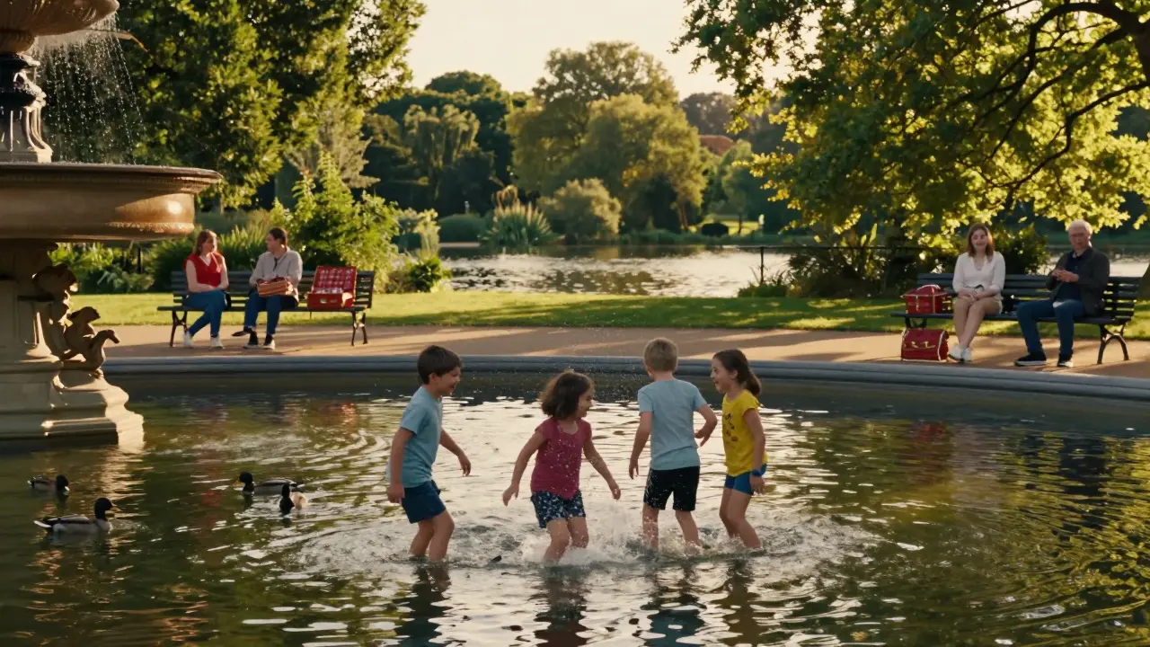 Children playing and splashing near a fountain in a lush London park with ducks swimming nearby.