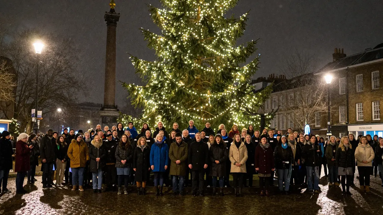 Christmas tree lit in Trafalgar Square at night, diverse crowd singing carols under snowflakes.