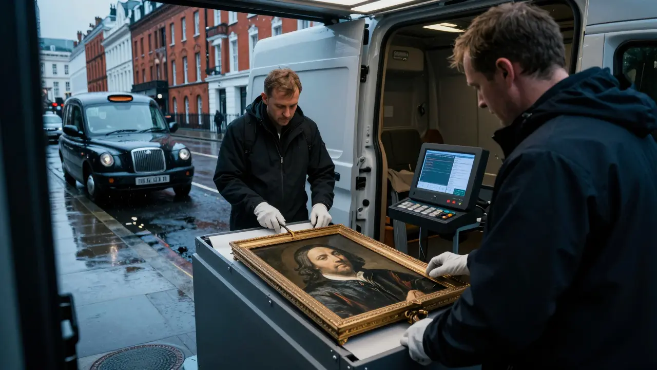 Conservators monitor a Rembrandt painting in a climate-controlled van outside the National Gallery.