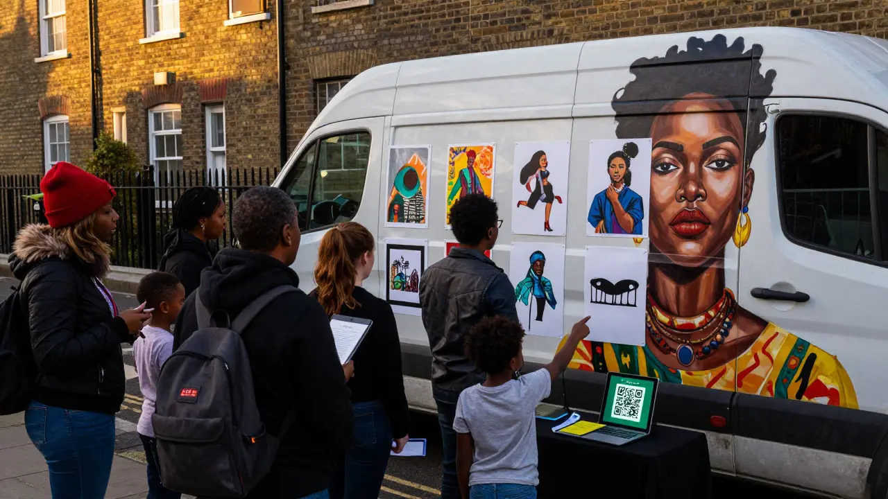 Diverse residents gather around a mobile art van displaying local artists&#039; prints under sunset light.