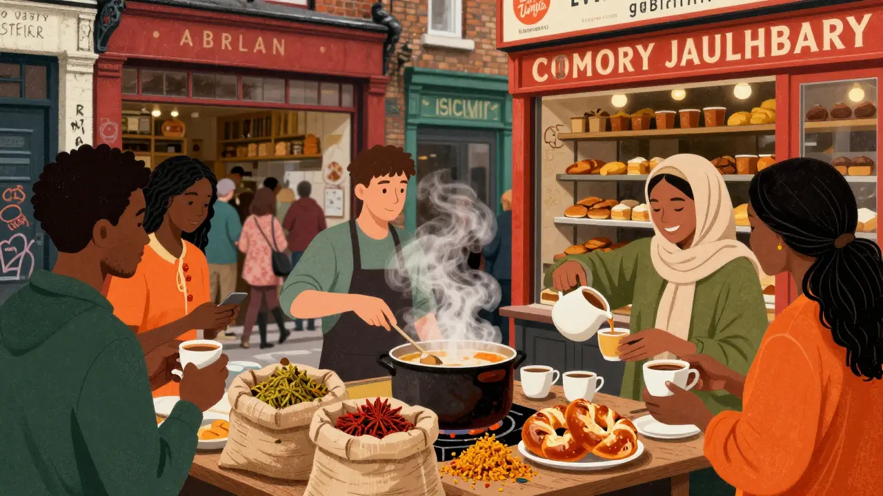 Diverse travelers enjoy a food tour in Brick Lane, sampling curries and fresh bread from local vendors.