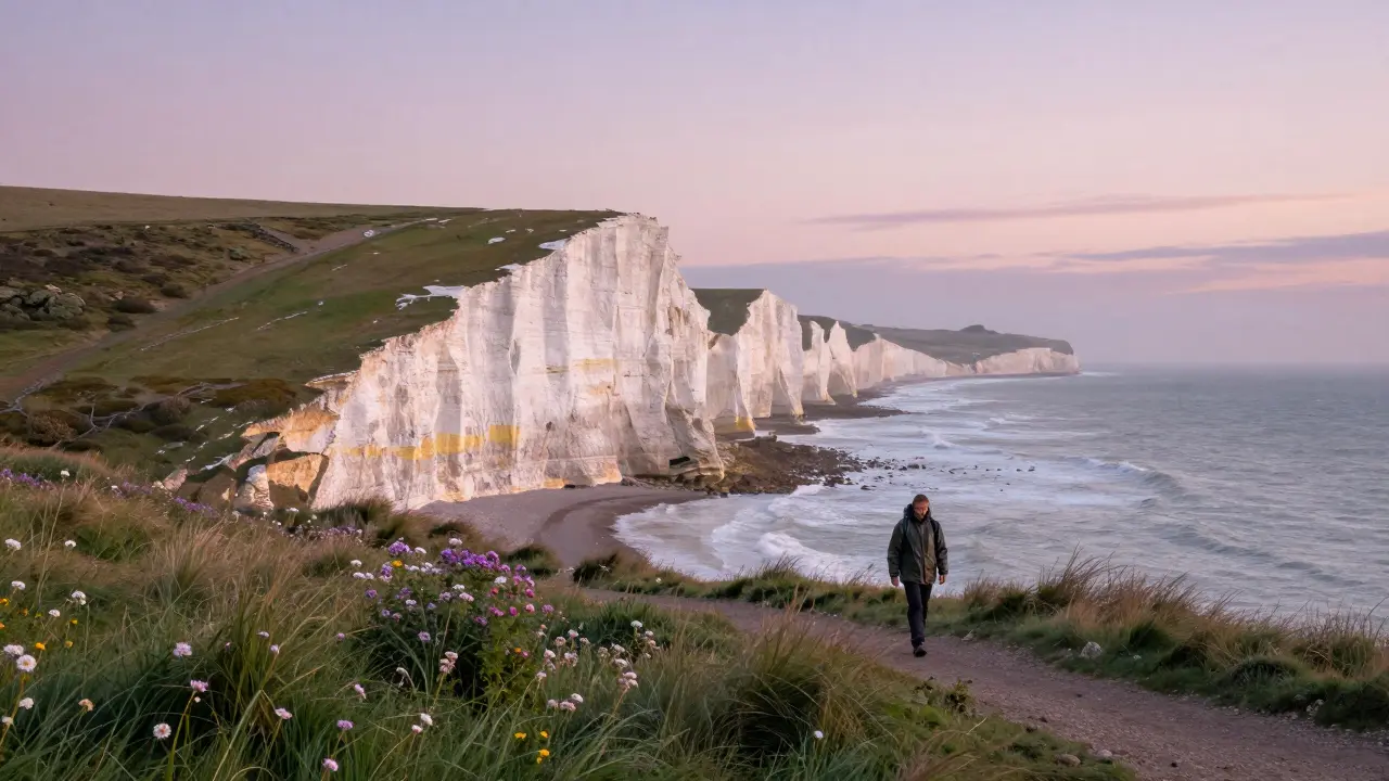 Dramatic white chalk cliffs of the Seven Sisters rising above the English Channel at dawn.