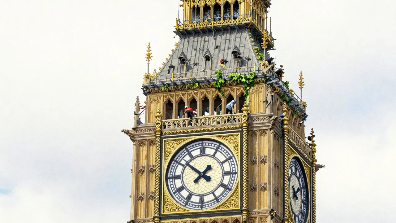 Elizabeth Tower under renovation, scaffolding around it as clock still chimes faithfully.