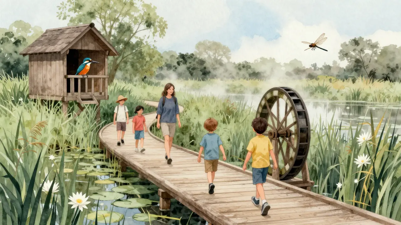 Family exploring the London Wetland Centre boardwalk with a kingfisher and spinning water wheel.