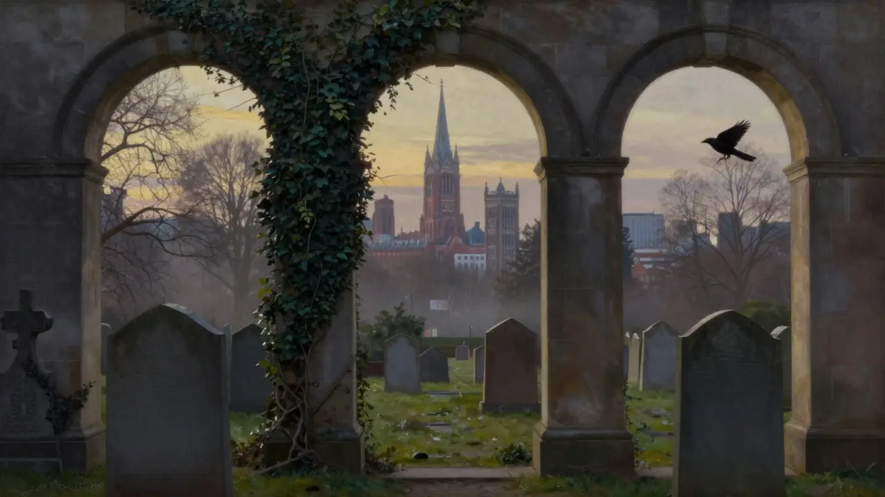 Gothic cemetery arches framing London’s skyline at dusk with mist and a crow in flight.