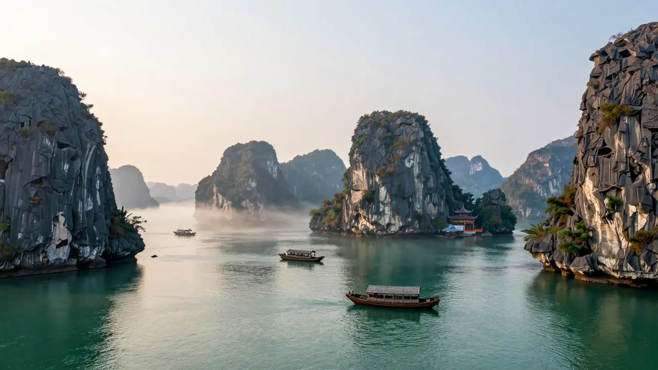 Ha Long Bay at sunrise with hundreds of limestone islands rising from emerald water.