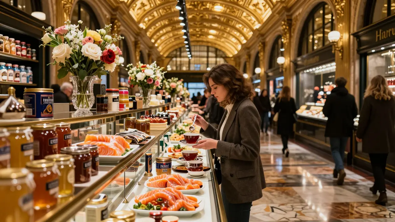 Harrods Food Hall with luxury food displays under gold-leaf ceilings and soft lighting.