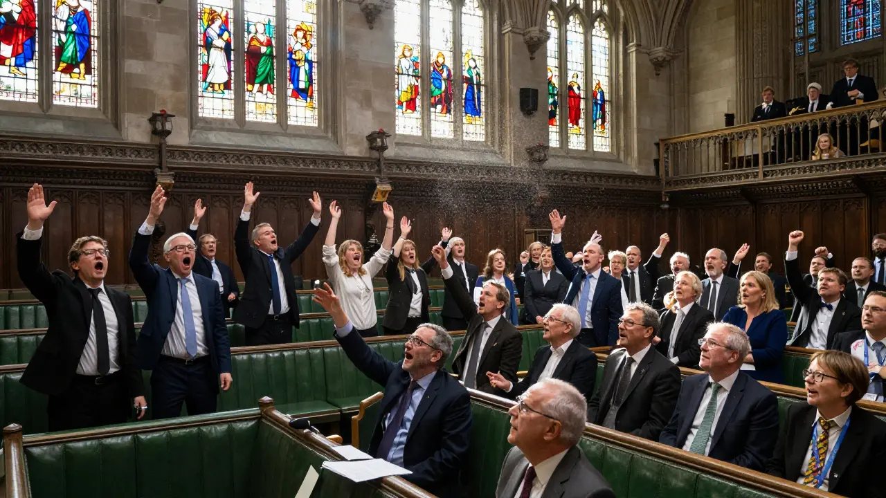Interior of the House of Commons during a passionate debate, MPs standing and shouting in green benches, stained glass glowing above.