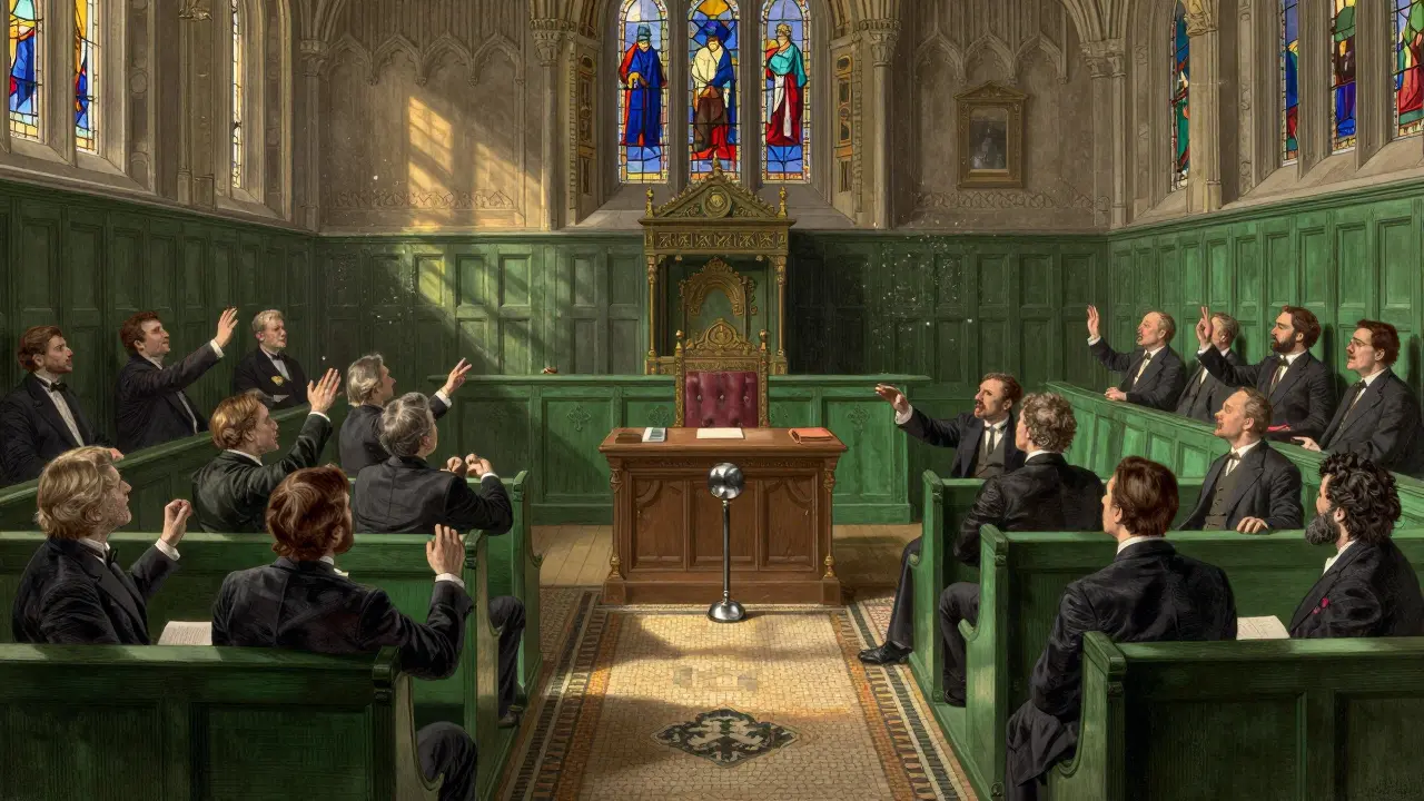 Interior of the House of Commons during debate, with MPs on green benches and ornate Speaker&#039;s chair.