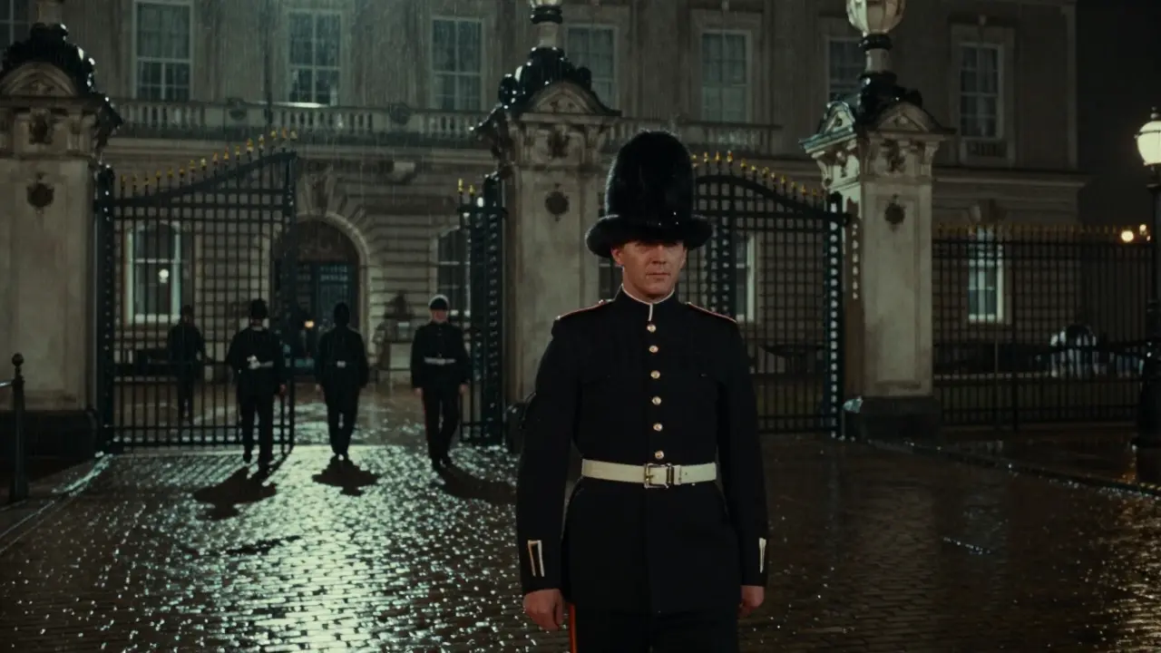 James Bond disguised as a guard sneaking into Buckingham Palace at night under rainy skies.