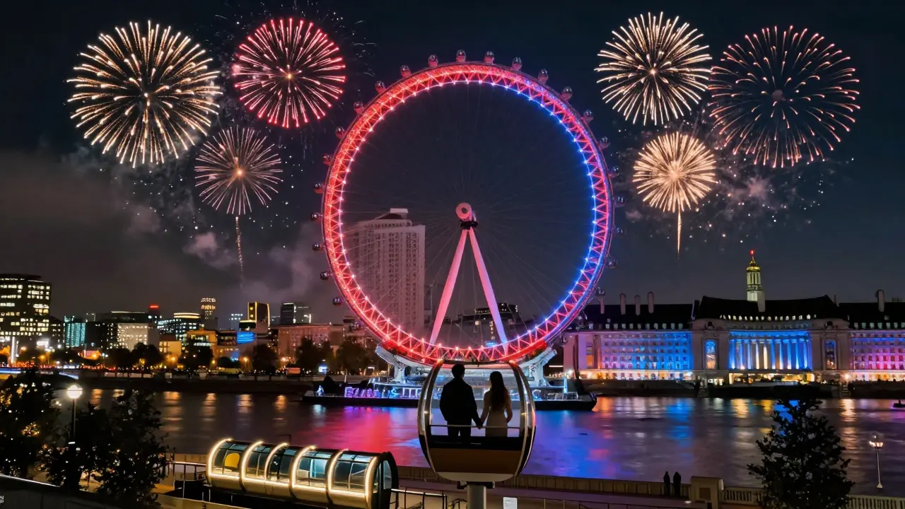 London Eye illuminated at night during New Year’s Eve fireworks, reflecting on the river.