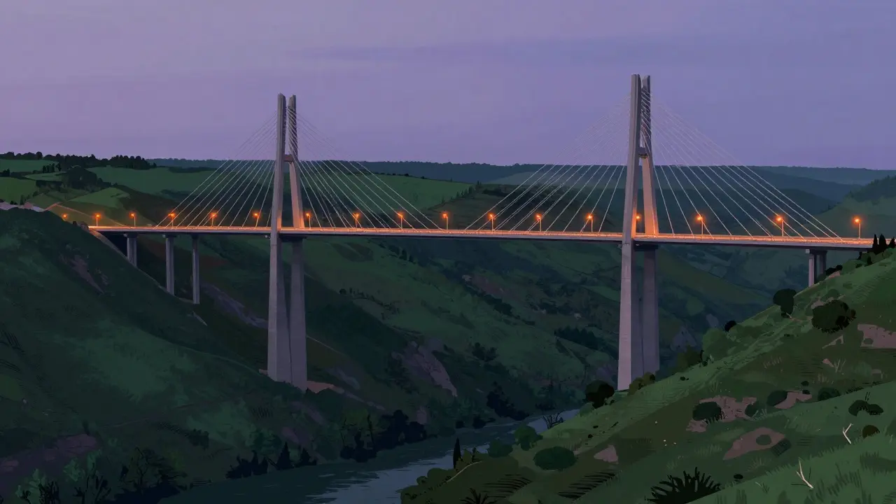 Millau Viaduct at twilight, soaring gracefully over a valley with soft glowing lights.