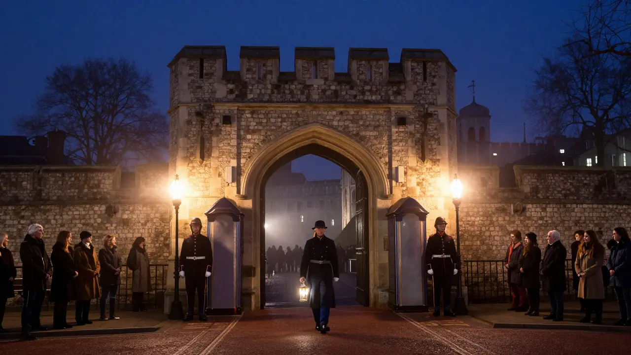 Nighttime Ceremony of the Keys at the Tower of London, with a warder carrying a lantern and onlookers in fog.