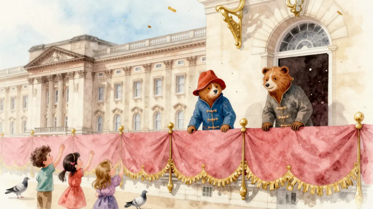 Paddington Bear standing on Buckingham Palace balcony with the Queen, confetti falling gently.