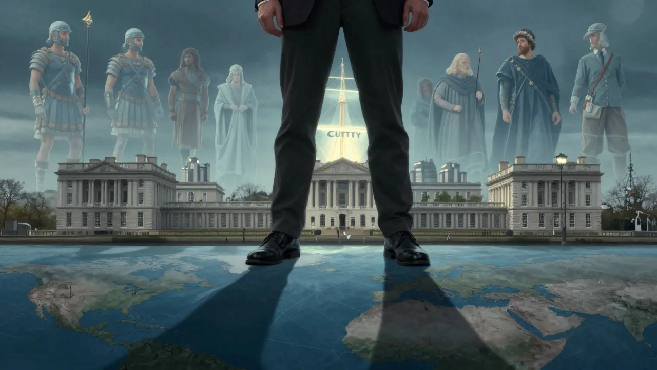 Person straddling the Prime Meridian with historical figures floating above.