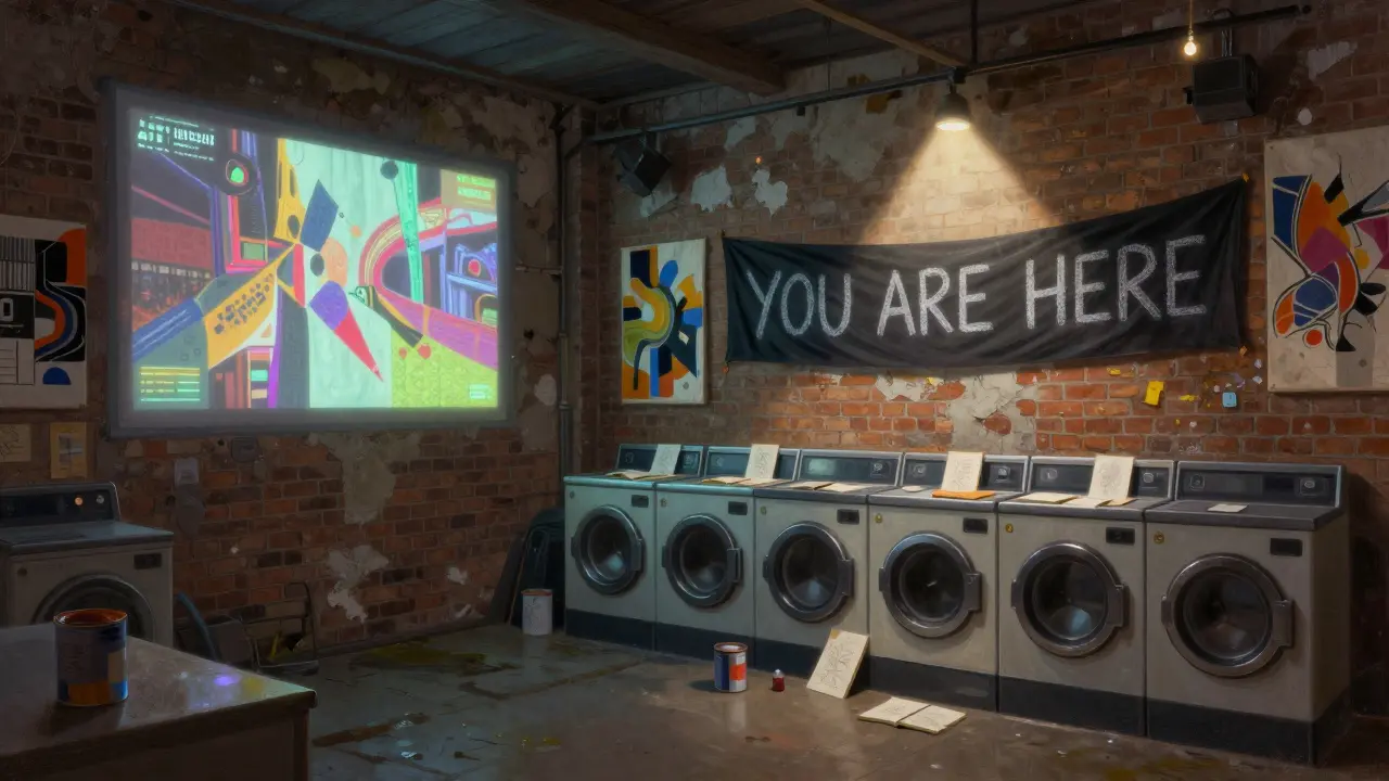 Pop-up art exhibition in a converted laundrette with textile art, projected videos, and chalk-written banner.