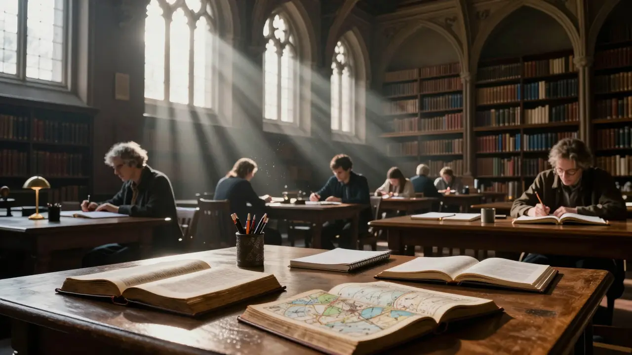 Quiet reading room at British Library with antique books and sunlight streaming through windows