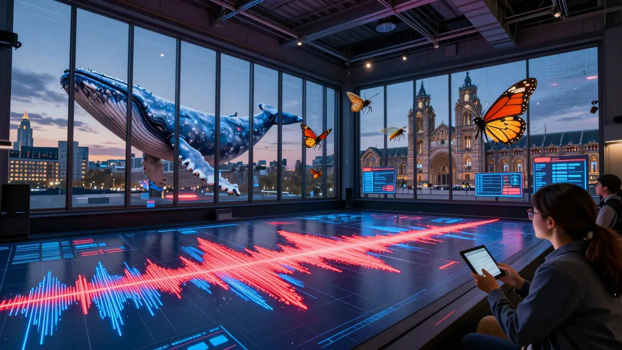 Real-time seismic waves and AI-classified insects in the Natural History Museum's Earth Hall, under a giant blue whale skeleton.