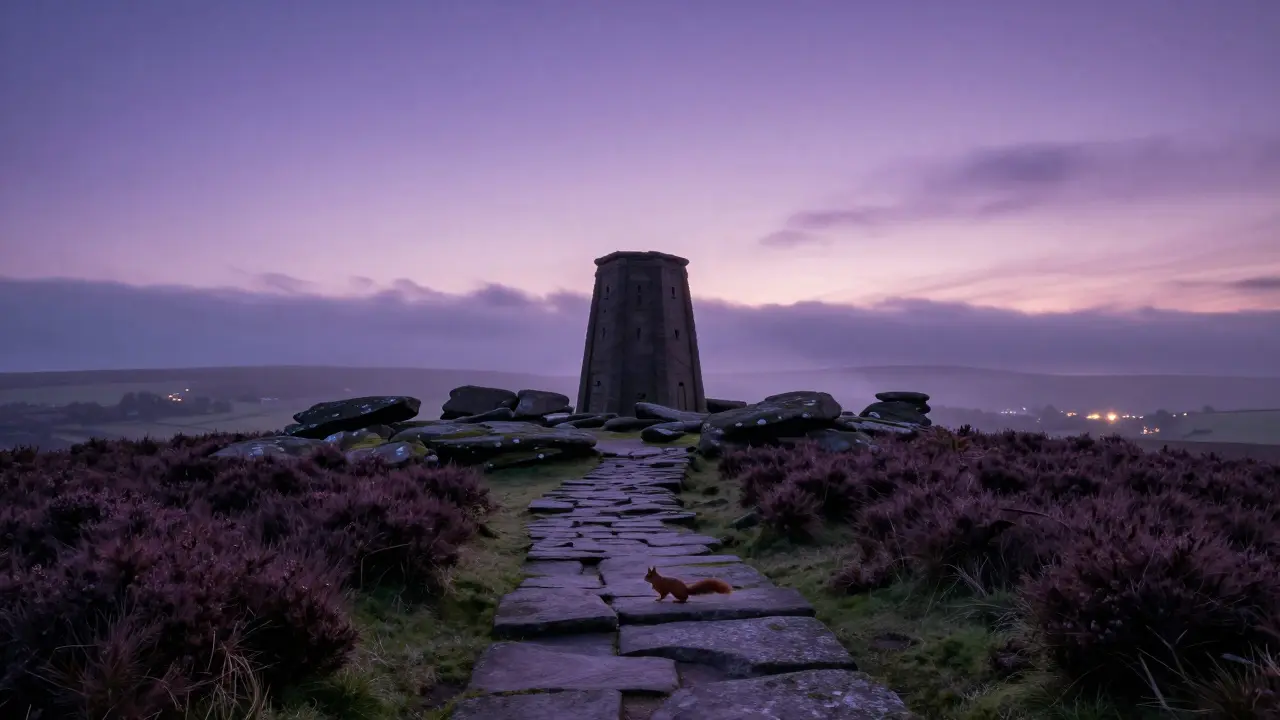 Silhouetted summit of Malvern Hills at twilight with mist and a red squirrel on ancient rock.