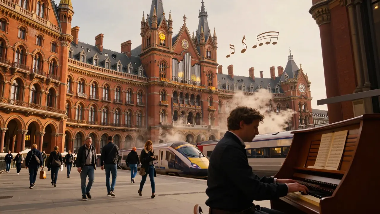 St. Pancras station at sunset with organ music echoing under grand Victorian architecture