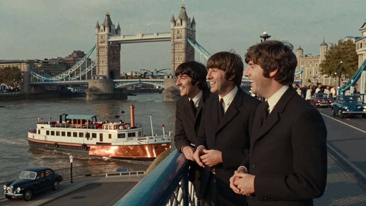 The Beatles on Tower Bridge’s walkways in the 1970s, with a riverboat passing below.