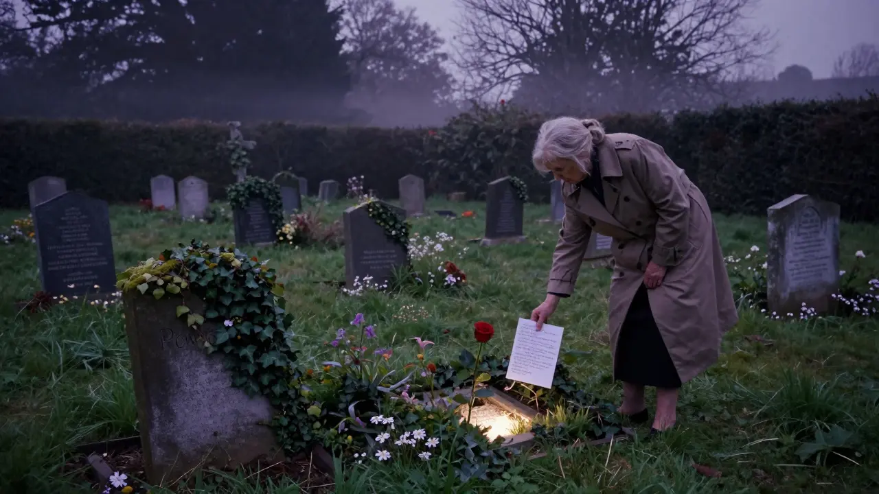 The Clapham Dog Cemetery at twilight with flowers and a handwritten note on a weathered headstone.
