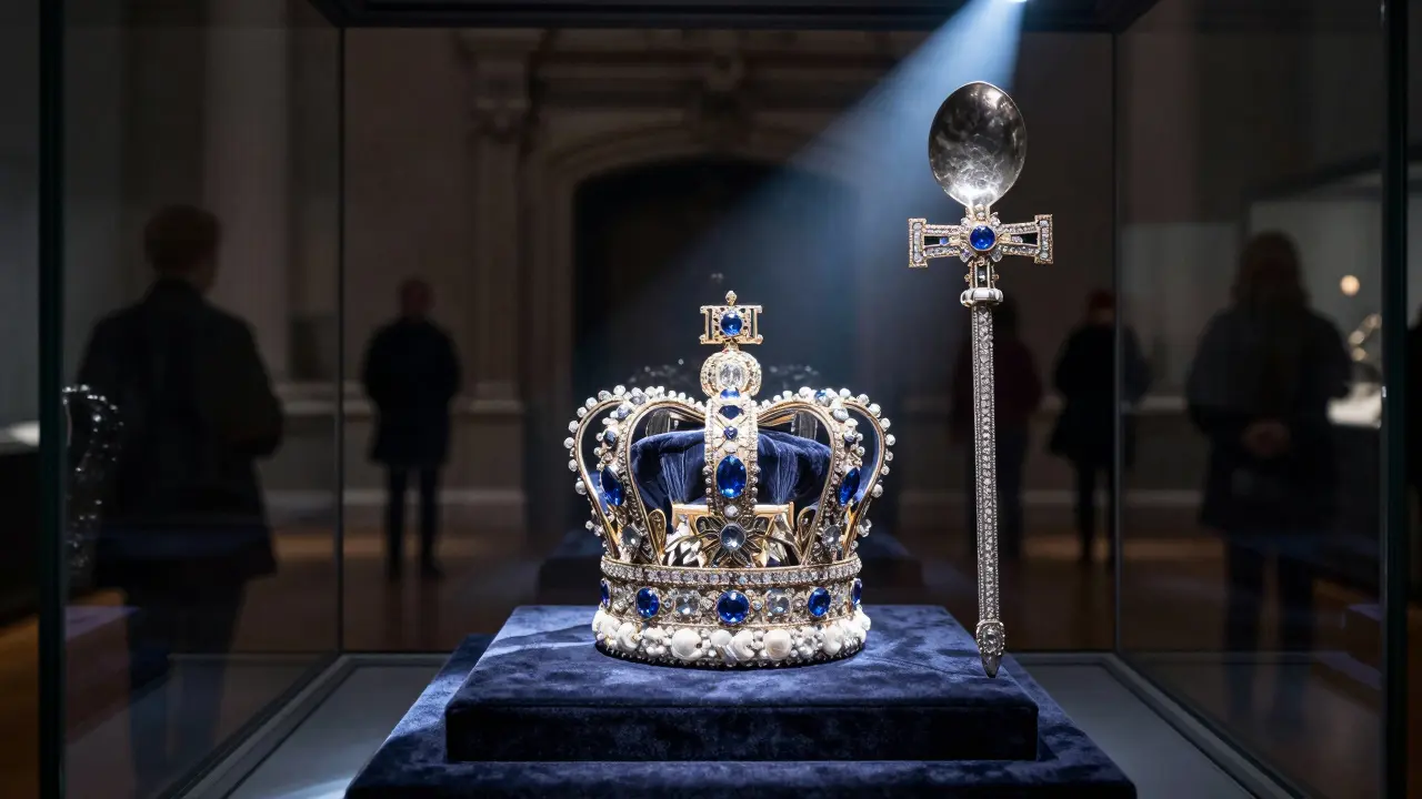 The Crown Jewels displayed under museum lighting, including the Imperial State Crown and sceptre.