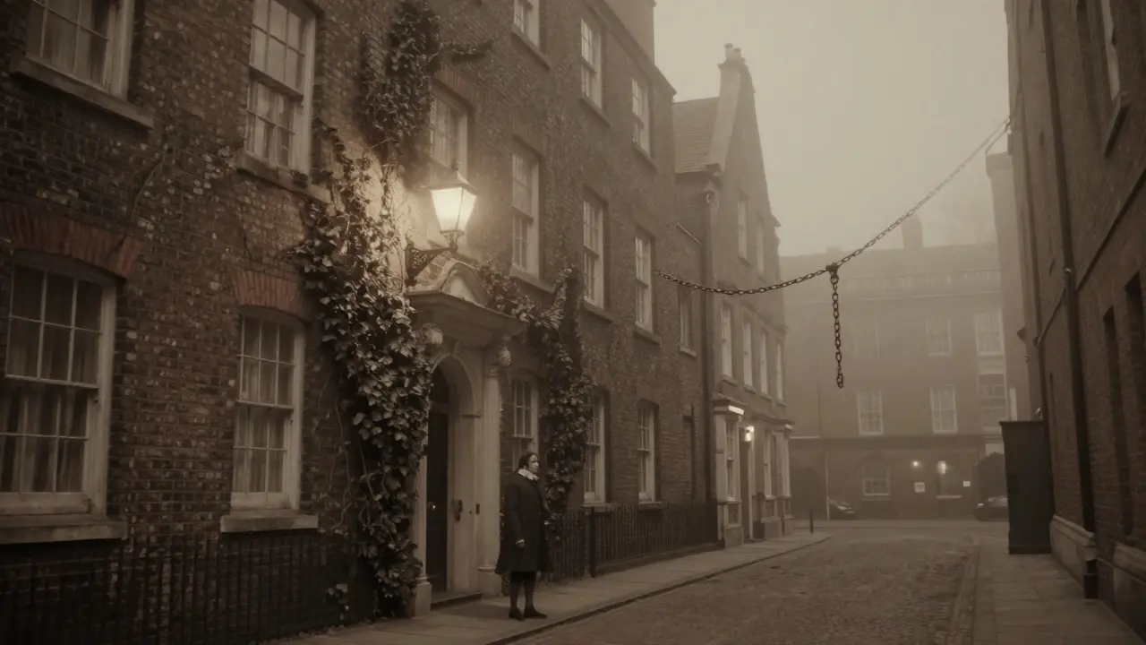 The original Bedlam building on Bishopsgate at dusk with ghostly chains hanging in an empty alley.