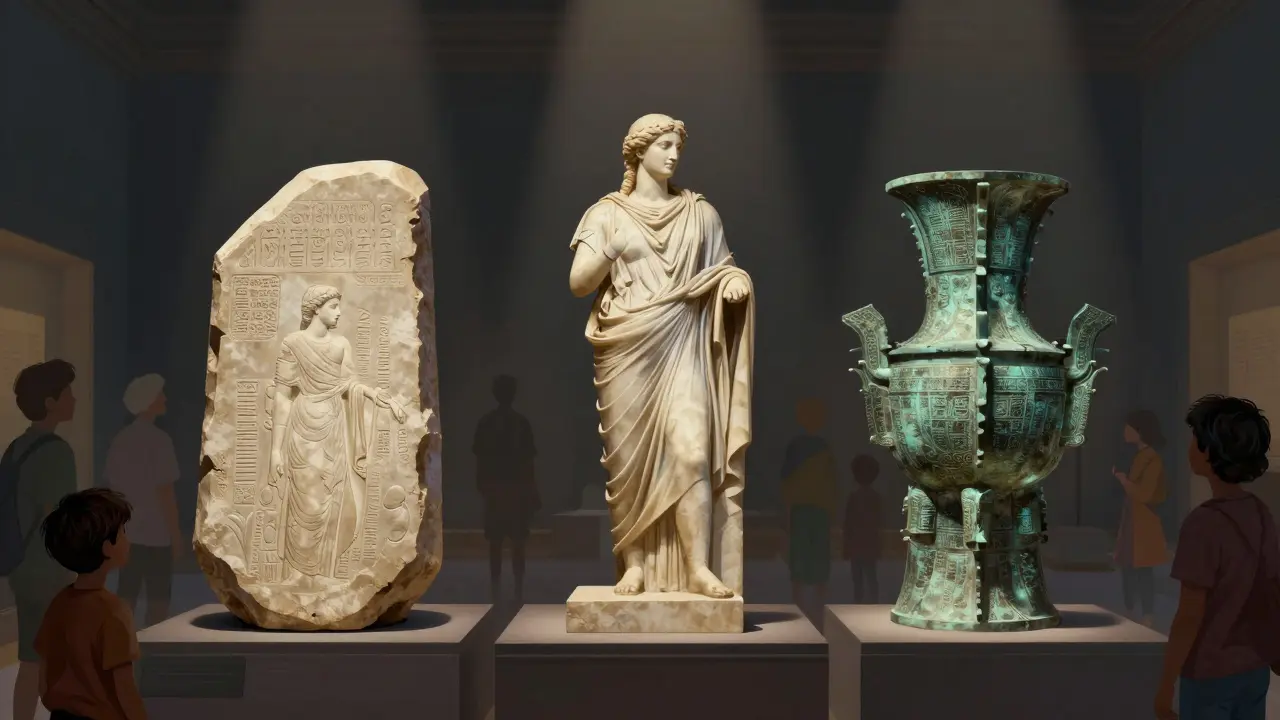 The Rosetta Stone, Elgin Marbles, and Benin Bronzes displayed together, with diverse visitors gazing in quiet reverence.