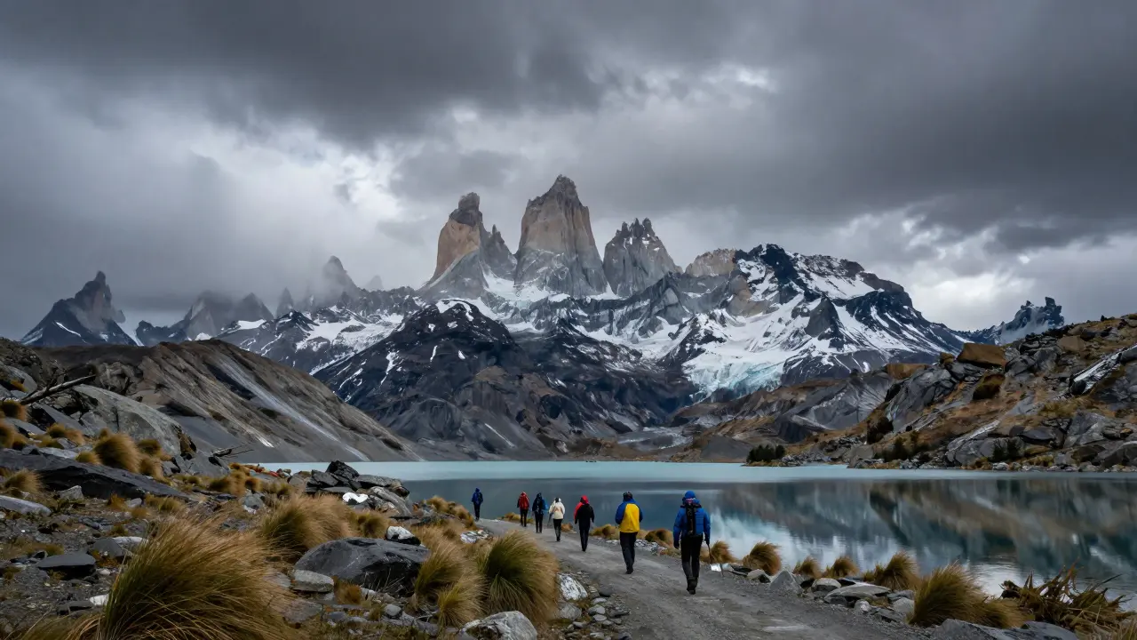 Torres del Paine mountains reflected in a glacial lake, with hikers on a rocky trail under stormy skies.