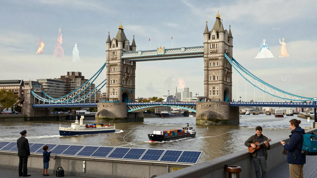 Tower Bridge as a living symbol, with a timeline of London’s history flowing beneath its arms.