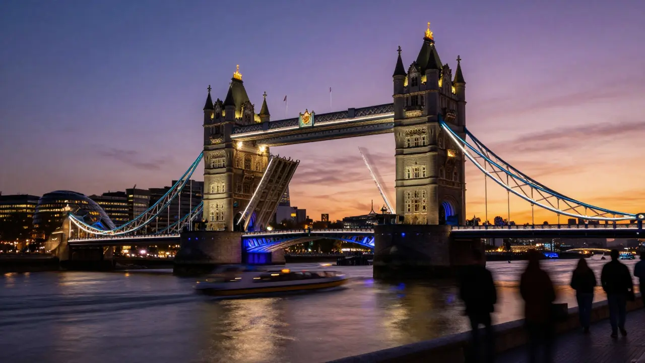Tower Bridge mid-lift at dusk, bascules raised against purple sky, boats passing beneath, LED lights glowing.