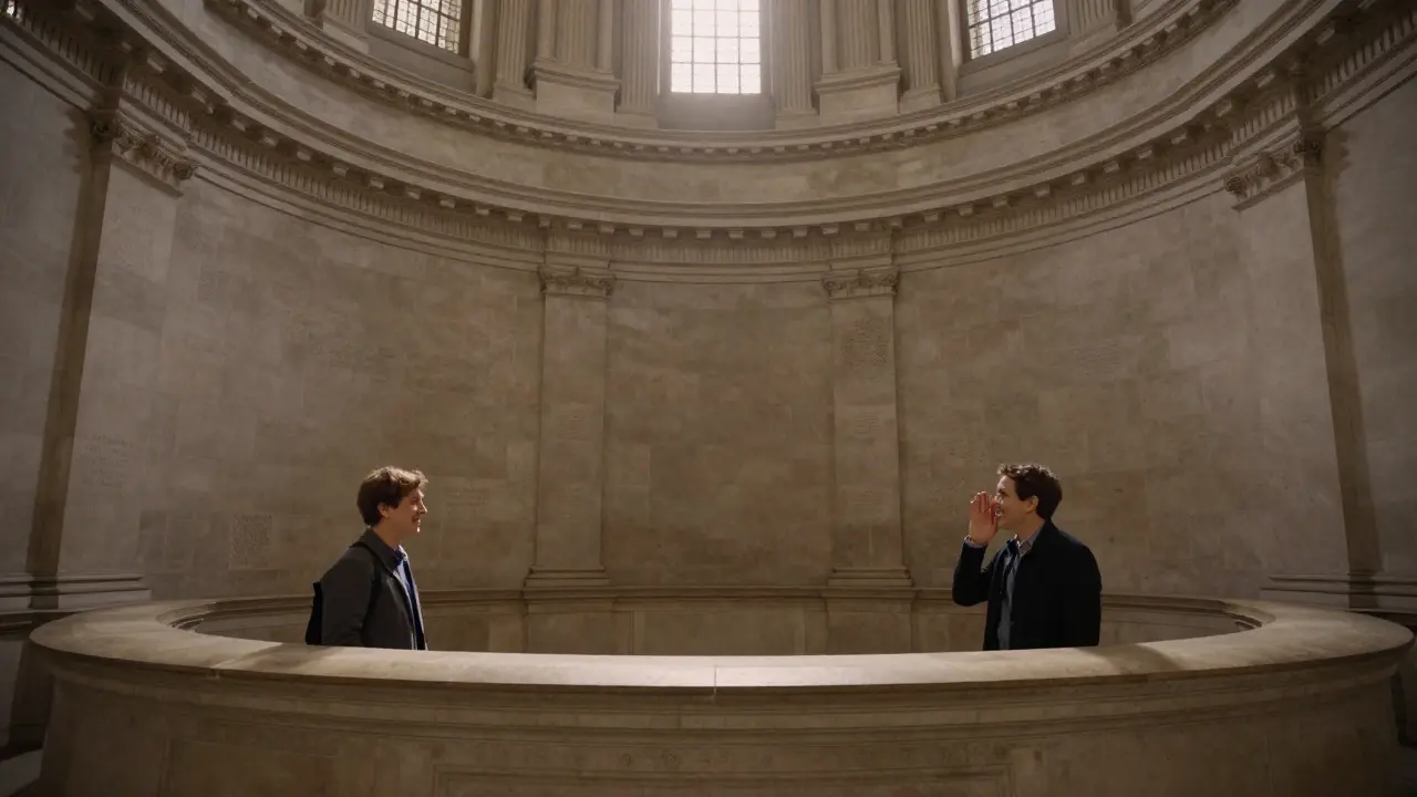 Two people whispering to each other along the curved stone wall of St. Paul&#039;s Whispering Gallery.