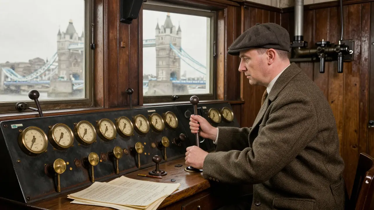 Vintage control room of Tower Bridge with engineer operating manual levers, steam pipes and wooden panels.