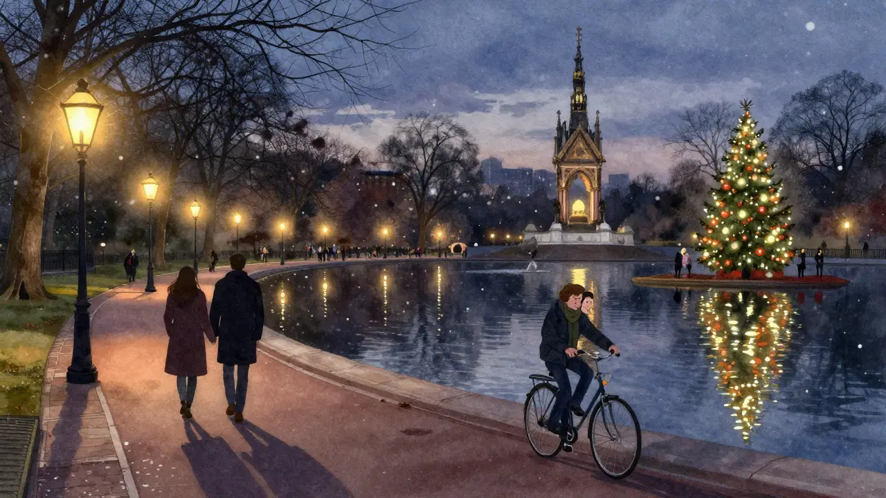 Warm lantern lights reflect on the Serpentine at dusk, with silhouettes of people walking under falling snow.