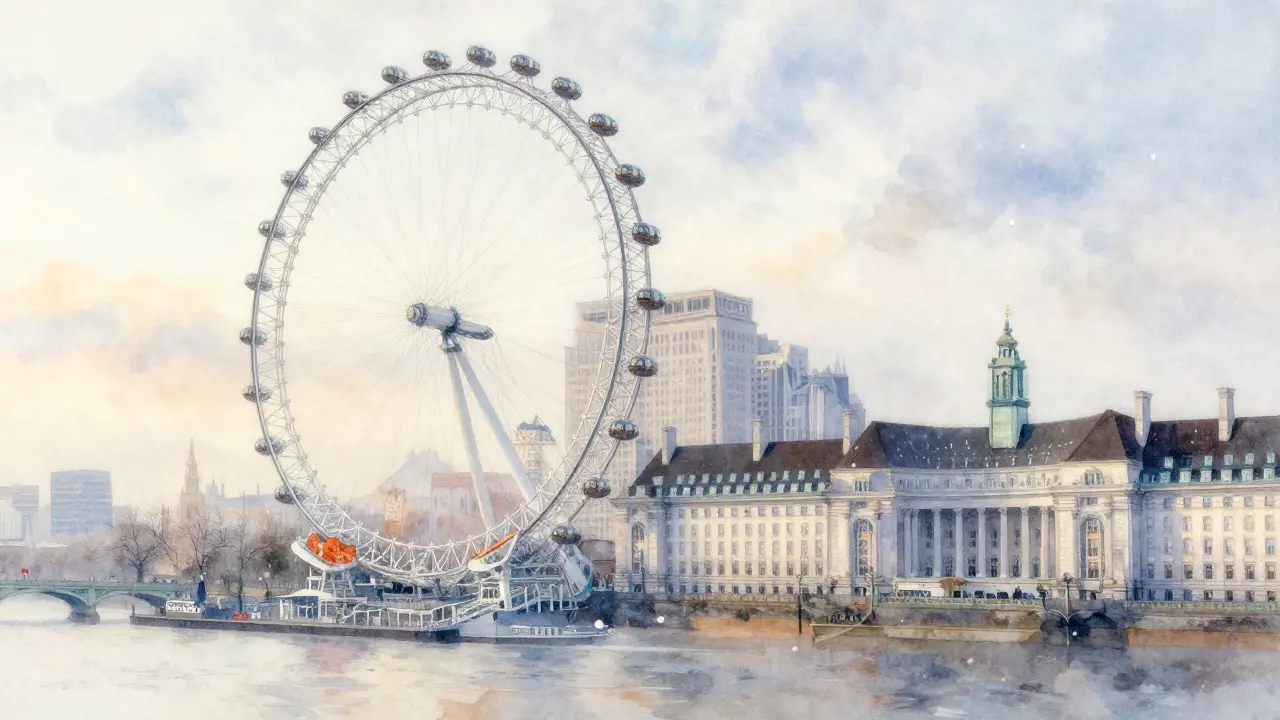 Watercolor view of the London Eye in winter mist, with soft light reflecting off the river.