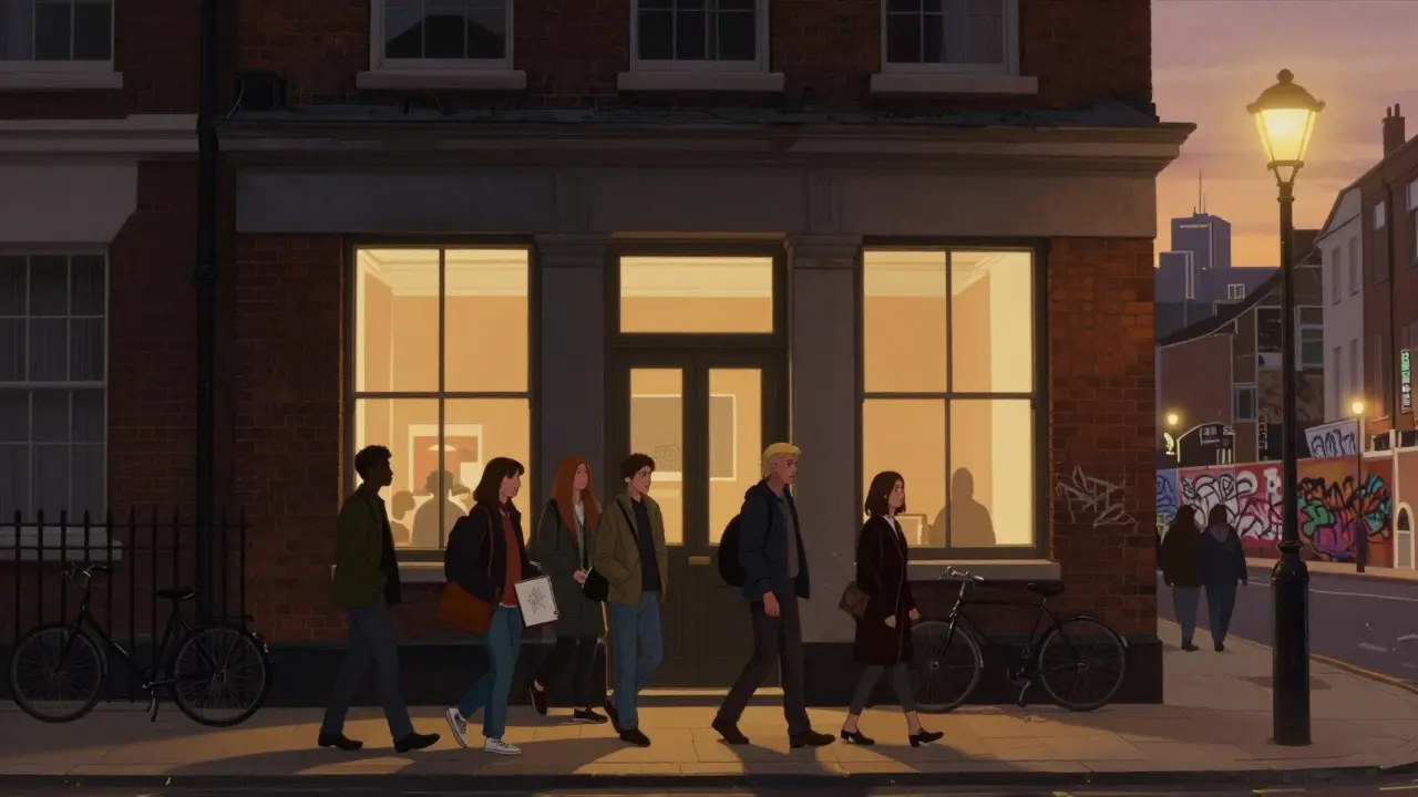 Whitechapel Gallery at dusk with visitors exiting, warm light glowing through windows against East London brick walls.