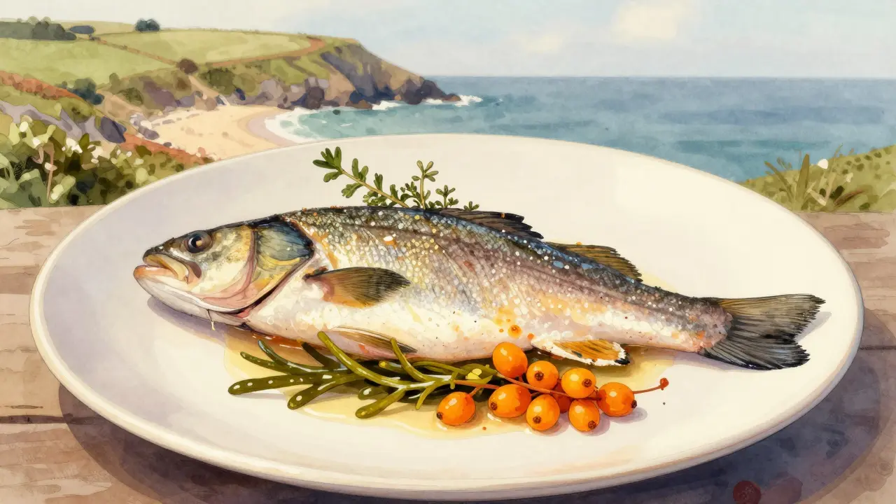 Wild sea bass on a plate with samphire and sea buckthorn berries, symbolizing coastal and foraged British ingredients.