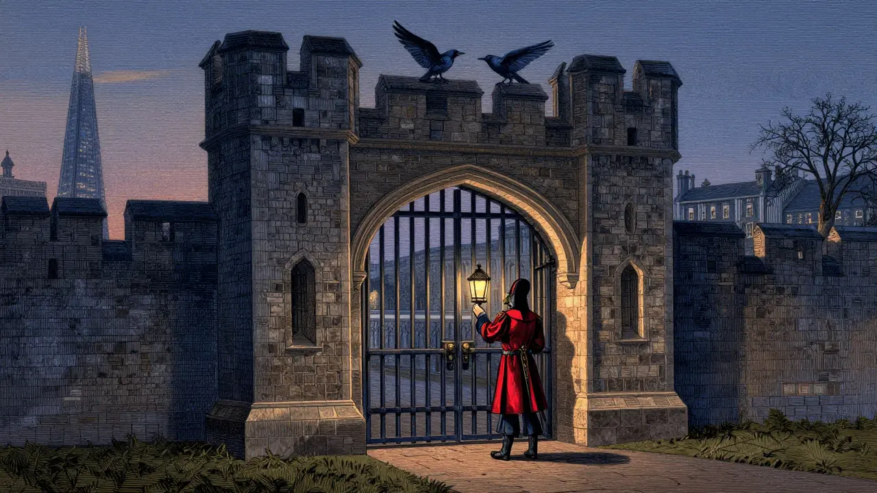 A Beefeater locking the Tower gates at night, ravens on the battlements under moonlight.