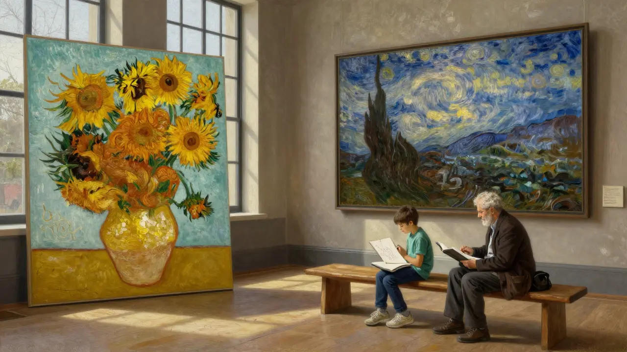 A family enjoys Van Gogh's 'Sunflowers' at the National Gallery, child sketching while an elder reads the plaque, sunlight streaming through windows.