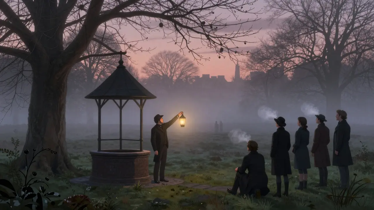 A foggy evening in Hampstead Heath, a guide with a lantern reveals a hidden Victorian well to attentive tourists.
