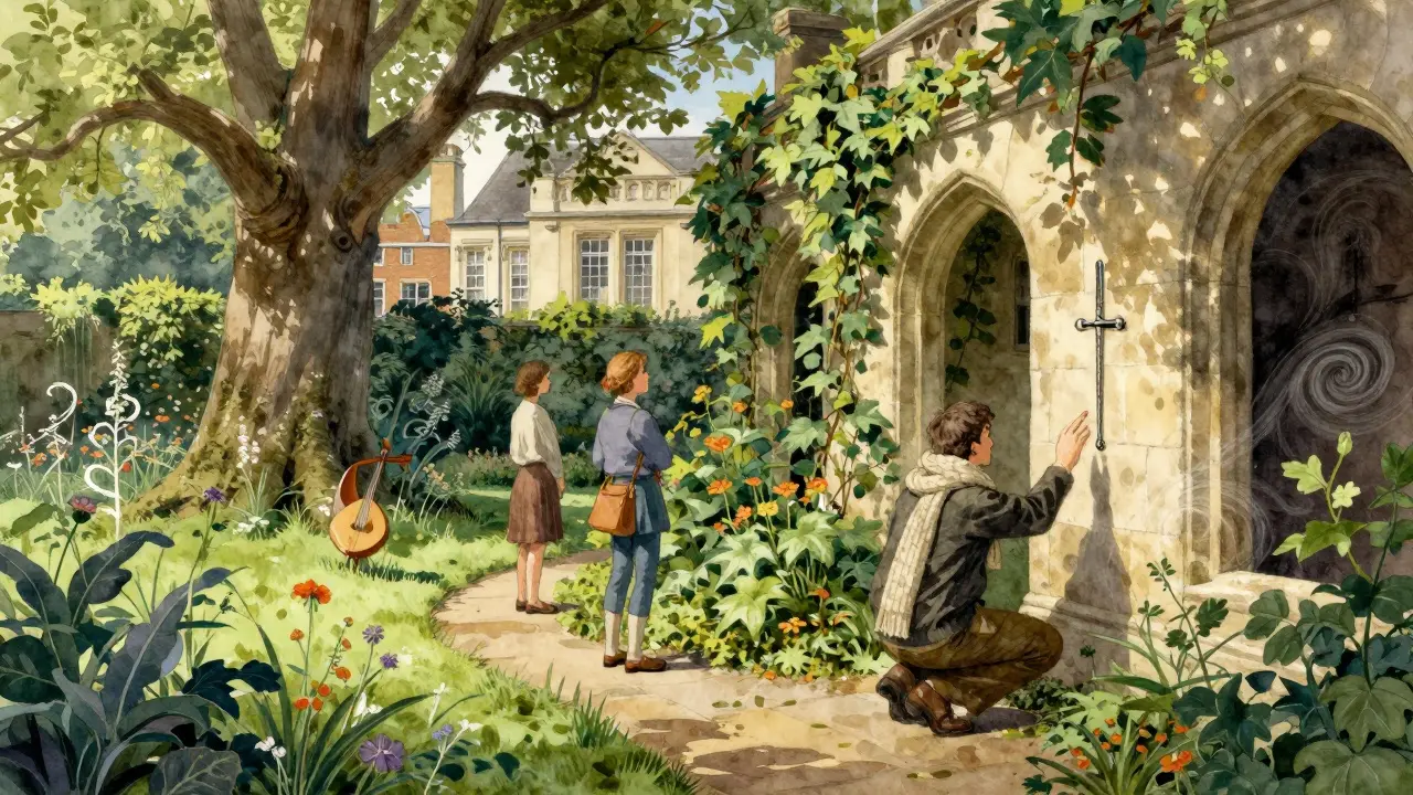 A guide reveals a hidden surgical instrument in a mossy garden behind the Old Operating Theatre Museum.