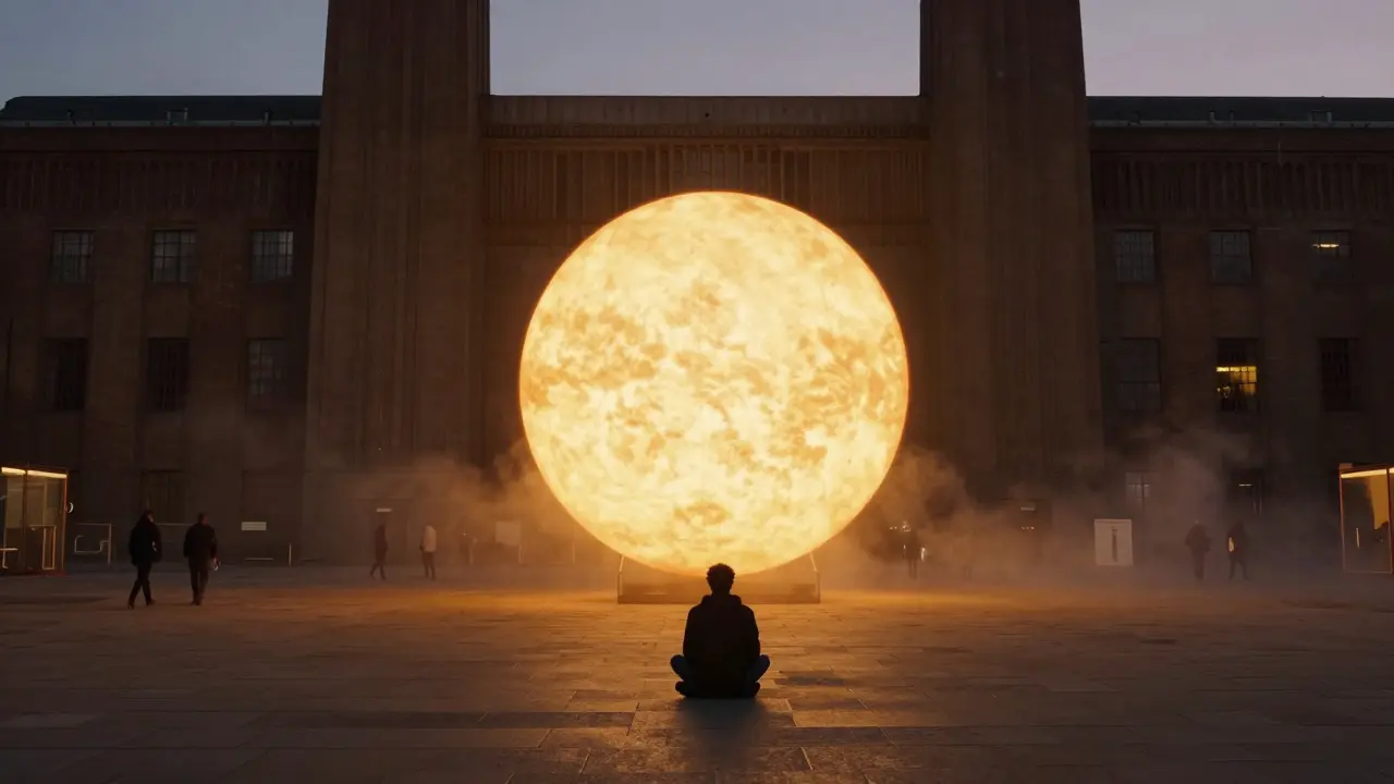 A lone figure sits beneath a glowing sun installation in Tate Modern's Turbine Hall at dusk.