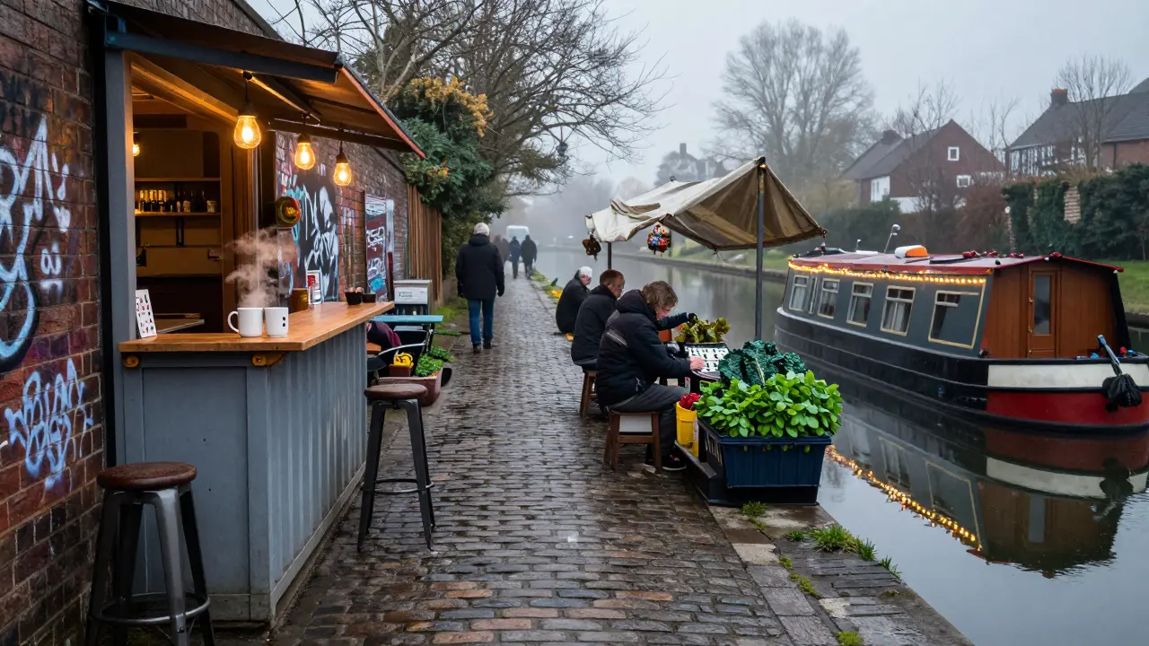 A misty canal towpath with a floating café, shipping container gardens, and men playing dominoes beside a narrowboat.