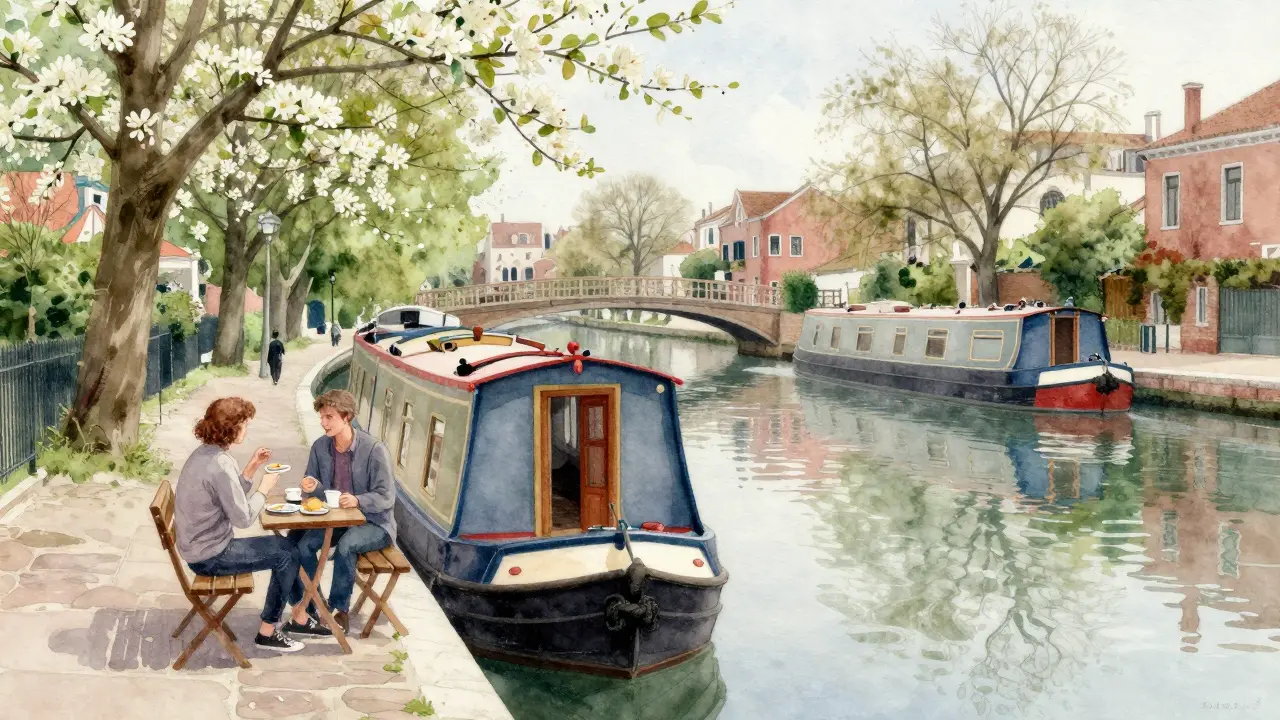 A peaceful Sunday morning in Little Venice, locals enjoy coffee on a bench by a houseboat-lined canal.