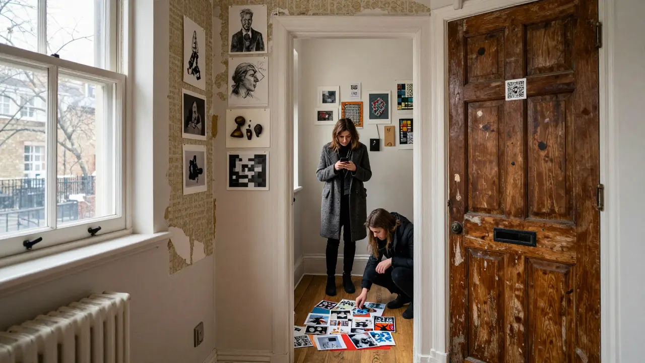 A quiet Camden flat with no sign, displaying eclectic artworks on peeling walls as a visitor waits to enter via QR code.