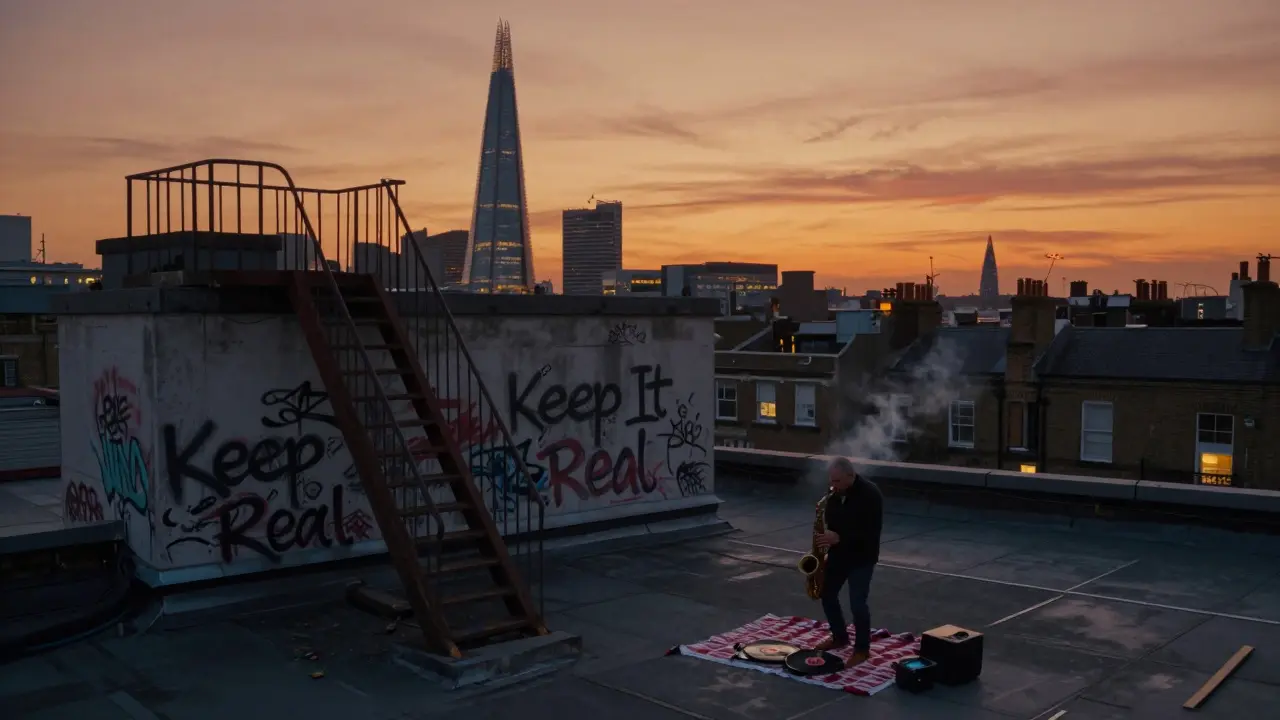 A rooftop at sunset with a saxophonist silhouetted against the London skyline, a vinyl record spinning, and graffiti on the wall.