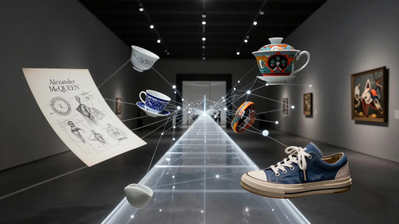 A surreal pathway links global museum artifacts—sketches, teacups, and eco-sneakers—floating in a dreamlike connection of cultures.