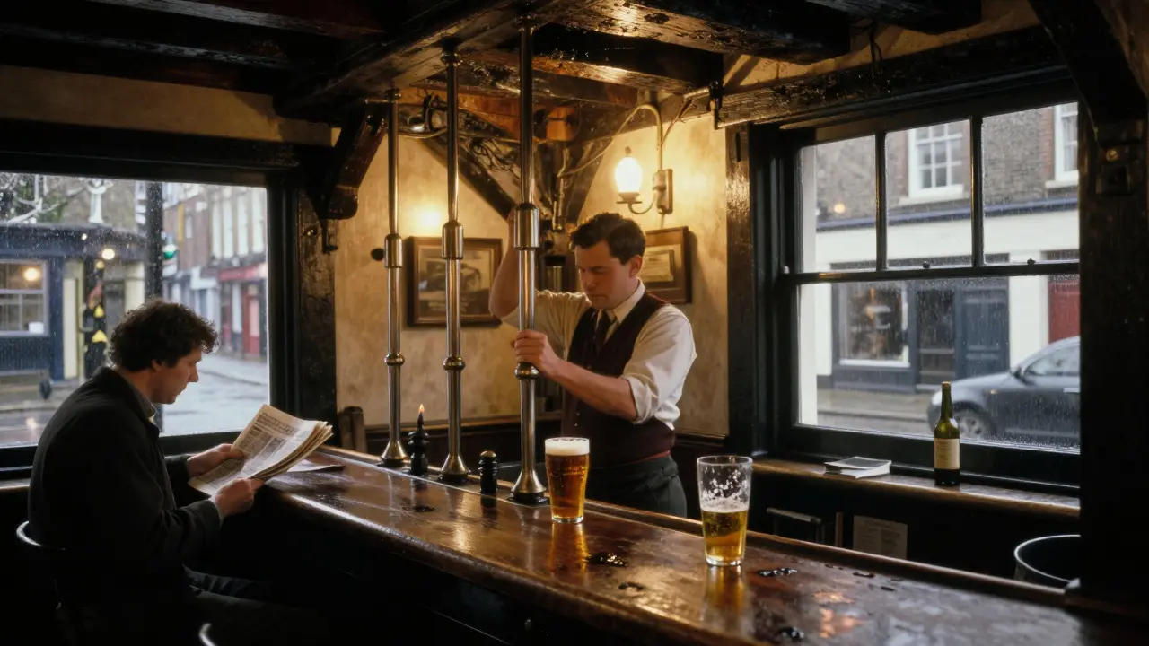 An old pub interior with a bartender pulling a pint by hand, warm lamplight and smoke-filled air.
